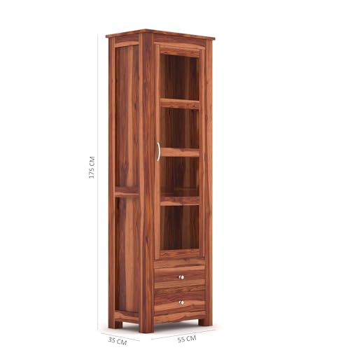 Image of Wood Book Shelf with Glass Door, Wooden Book Rack for Home Library, Kitchen Crockery Cabinet, Wooden Almirah, Bookcases, Book Shelf Storage 2 Drawers, Home Furniture, Honey Finish