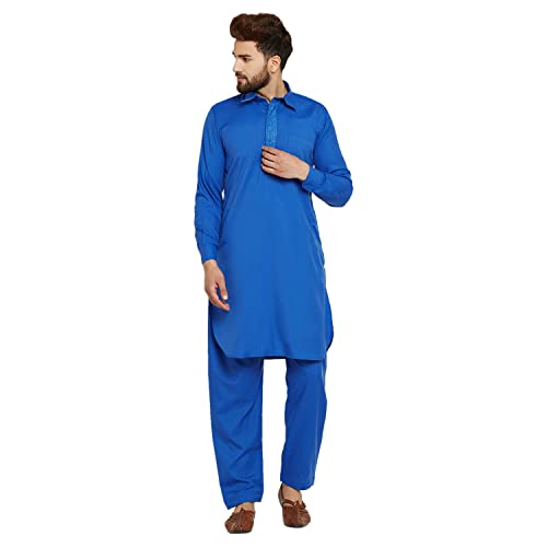 Image of SOJANYA (Since 1958, Men's Royal Blue Cotton Blend Pathani Kurta & Salwar Set, Size: L(SJR-160-40)