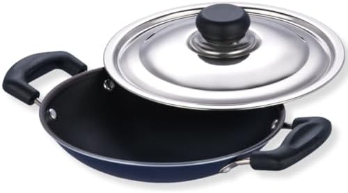 Zest Non Stick Appachetty with Lid - 20 cm| Appam Pan | 3 mm Extra Thick | 3 Layer Coating | Metal Spoon Friendly | Bakelite Handle | Gas Base | 1 Year Warranty - Blue
