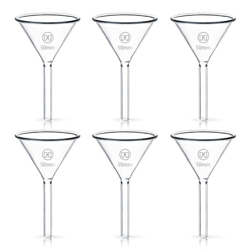 HUAOU 6pcs 50mm Small Glass Funnel Set, Tiny Short Stem Funnel, Spice Powder Motor Mini Oil Filtering Funnel, 3.3 Borosilicate Glass, Refill Water Bottle for Science Lab Kitchen