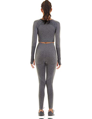 Toplook Women Seamless Workout Outfits Athletic Set Leggings + Long Sleeve Top (Dark Gray, Small)