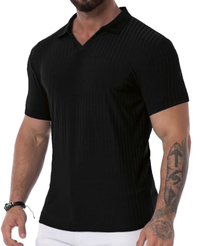 Men's Collared Muscle Polo Shirts Slim Fit Short Sleeve V Neck T Shirts Men Ribbed Golf Shirt Casual Stylish2