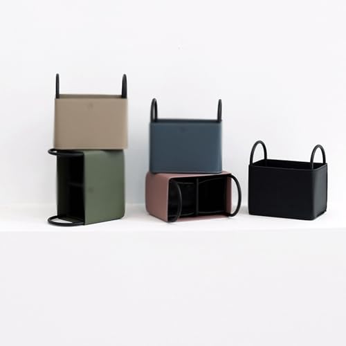 Porte-stylo rectangulaire fer et cuir avec poignée, pot de rangement bleu
