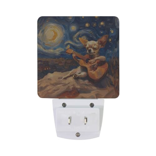 Image of Dog Play Guitar Night Lights 2 Pack Plug-in Wall Led Nightlight Auto Dusk-to-Dawn Sensor Lamps for Bedroom Kitchen Bathroom