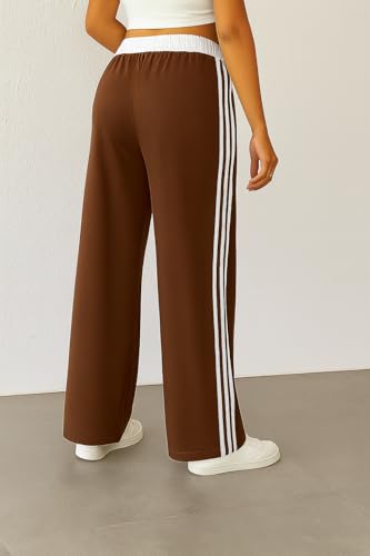 Image of SAKHWALA Women Track Pant | Women's Wide Leg Track Pants High Waist Drawstring Sweatpants with Side Stripes, Casual Loose Fit Lounge Joggers, White