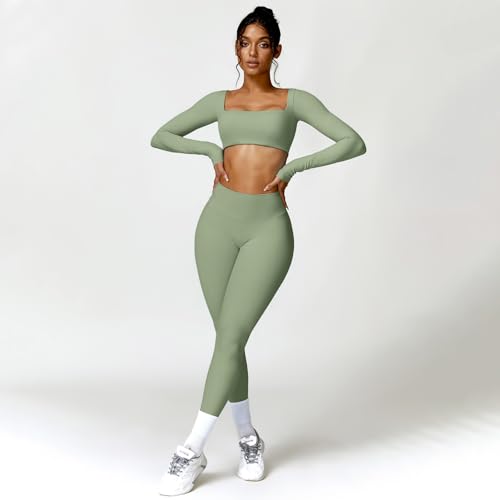 ABOCIW Workout Sets for Women 2 Piece Square Neck Long Sleeve Crop Tops High Waist Flared Leggings Gym Sets - Image 5