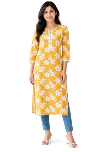 Image of ZAYRON Women's Rayon Printed Straight Kurti for Women | Round Neck with V-Cut | 3 /4 Sleeve | Casual Ethnic Wear Kurta