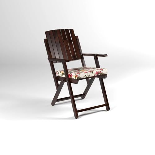 Image of Sheesham Wooden Portable Foldable Coffee Color 4 Seater Chair and Table Set with Printed Cushion Outdoor Balcony Garden Coffee Table Set Furniture