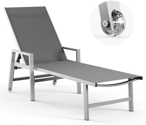 Aluminum Patio Lounge Chair Outdoor Chaise Lounge with Wheels & Armrests, 5 Adjustable Backrest, Pool Lounge Chairs for Poolside, Beach, Patio, Deck, Yard, Dark Gray (1 Pack)