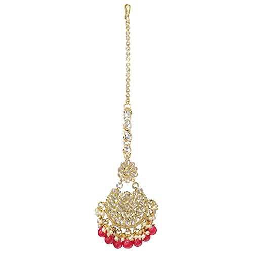 Image of Peora Kundan & Beads Studded Necklace Earrings & Maangtikka Set Ethnic Jewellery for Women & Girls