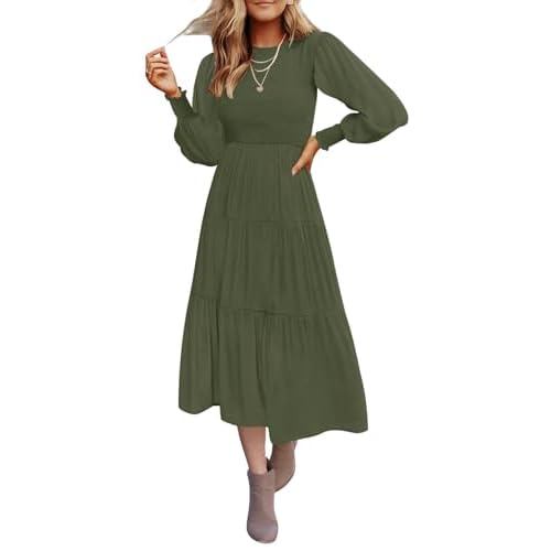ZESICA Women’s 2024 Casual Long Sleeve Crew Neck High Waist Smocked Flowy Tiered Midi Dress