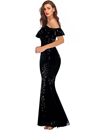 A Arfar Prom Dress For Women Glitter Evening Party Dress Ladies Sexy V-Neck Ruffle Dresses Women Formal Cocktail Gowns Sphagetti Strap Wedding Dress Bodycon Graduation Black Xl #TOP1