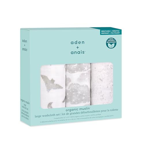 Image of aden + anais Organic Oversized Washcloth 3-Pack, Super Soft 100% Organic Cotton Muslin, Gentle on Skin, 3 Absorbent 12x12 Layers, Softer with Every Use, for Babies Infants Toddlers, Map The Stars