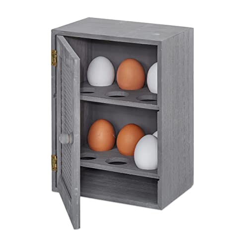 Relaxdays Huevera Rústica, Armario 12 Huevos, Huevero Cocina, Bandeja, 1 Ud., Madera y Metal, 25 x 18 x 12 cm, Gris