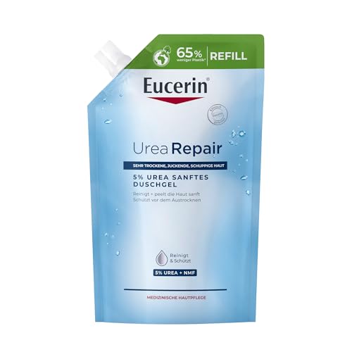 Eucerin UreaRepair 5% Urea Sanftes Duschgel Nachfüllbeutel 400 ml, Shower Gel reinigt und peelt trockene Haut, reinigende Hautpflege für Gesicht und Körper mit Urea und Panthenol