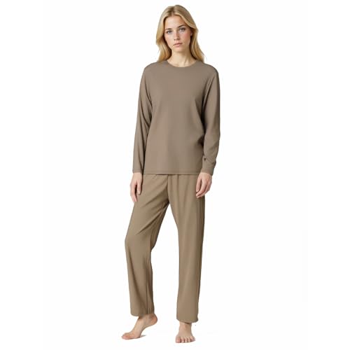 BEGIANT Schlafanzug Damen Langarm 2-teilig Superweiches Rippstrick Pyjama Set mit Rundhals & Taschen Atmungsaktive Nachtwäsche für Sommer Winter Hausanzug Loungewear
