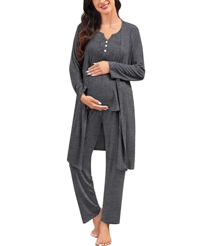 Image of SWOMOG Maternity Nursing Pajamas Set 3 Piece Breastfeeding 3 in 1 Labor Delivery Sleevless Tops Long Pants Pregnancy Pjs