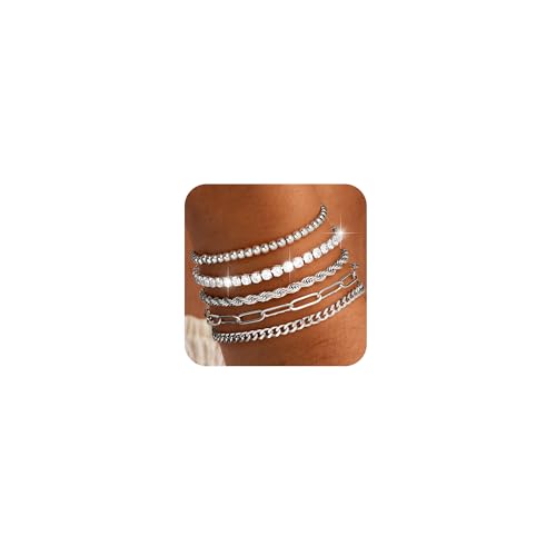 5PCS Silver Bracelets for Women Trendy Non Tarnish Silver Plated Rope Paperclip Cuban Tennis Beaded Link Chain Bracelet Stack Bracelet Set Silver Jewelry for Women Accessories Gifts