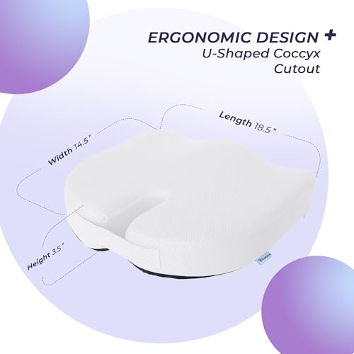 Image of Billebon Orthopedic Coccyx Seat Cushion for Tailbone & Sciatica Pain Relief| High-Density Memory Foam Chair Cushion for Hip & Lower Back Support| Ergonomic for Office| Car & Home - White