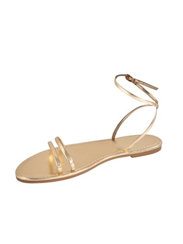 GORGLITTER Women's Strappy Flat Sandals Ankle Strap Open Toe Dressy Summer Flats Sandal