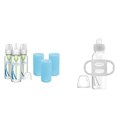 Dr. Brown's Anti-Colic Options+ Narrow Glass Baby Bottles 8oz and Level 1 Slow Flow Nipple, 3-Pack 0m+ and Blue Silicone Sleeves and Milestones Narrow Sippy Spout Bottle +Silicone Handles Gray