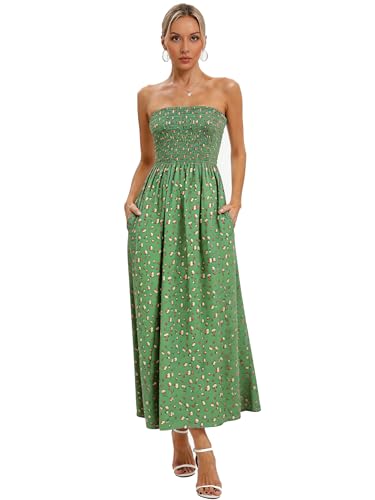 Image of Aigeman Women Strapless Tube Maxi Dress Flowy Swing Long Beach Sundress Sleeveless Boho Summer Dress with Pokets 330