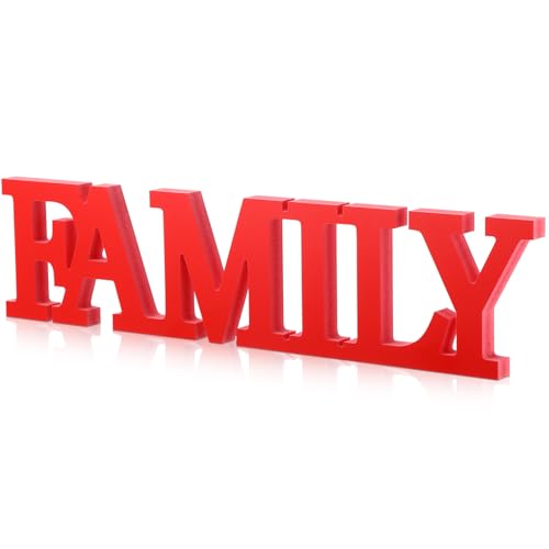 Wonderjune Rustic Wood Family Sign - Wooden Decorative Sign With Family Words for Living Room, Home Decor Shelf Mantel (Red)