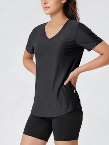 Image of ODODOS Women's Short Sleeve Performance V-Neck Tunic Tops, Ultra Soft odSTRATUM Tech Tee, Side Slit Relaxed T-Shirts