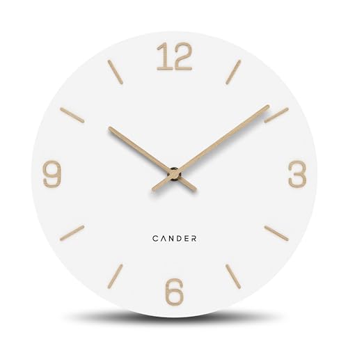 Cander Berlin MNU 2625 V Lautlose Wanduhr 25 cm ohne Tickgeräusche analog Wohnzimmer modern Vintage weiß Holz-Zeiger