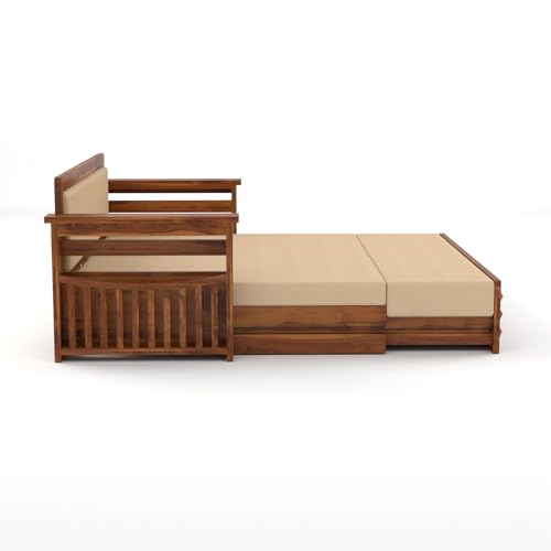 Image of Sheesham Wooden 3 Seater Sofa Cum Bed with Storage - Modern Daybed with Upholstered Backrest | Living Room Convertible Sofa Bed - Wooden Sofa Cum Bed with Mattress (Design 1)
