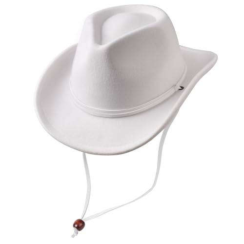 DRESHOW Cowboy Cowgirl Hat for Boys Girls Classic Western Felt Fedora Belt Buckle Retro Panama Hats with Wind Lanyard Unisex Rolled up Caps for Kids 4-12 Years