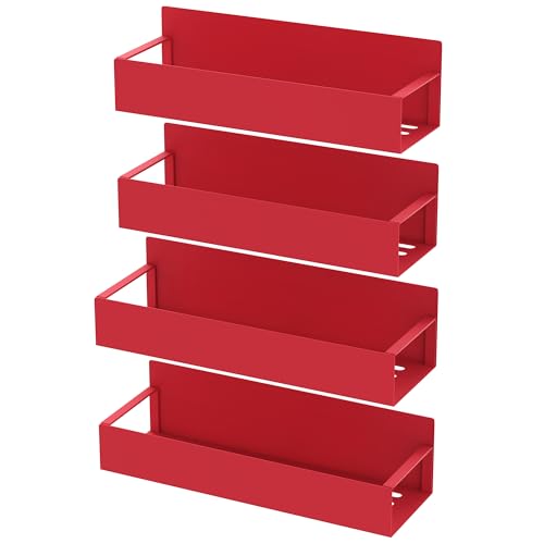 Image of HuggieGems 4 Pack Magnetic Spice Storage Rack Organizer for Refrigerator and Oven, Red Fridge Organizers and Storage | Magnetic Shelves Heavy Duty for Fridge in Kitchen, Seasoning Storage Organizer, For Oven Washer and Dryer, For Heavier Items