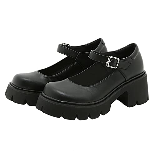 CouieCuies Mary Jane Women Chunky Heel Platform Pumps Buckle School Shoes Black Gothic Shoes