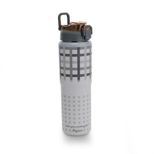 Image of Nayasa Duo-Sip Water Bottle - 730ml | Checkered Design | BPA-Free, Dual Sip Modes | Leak-Proof, Insulated Steel Inner | Great for School, College, Work, Sports | Grey