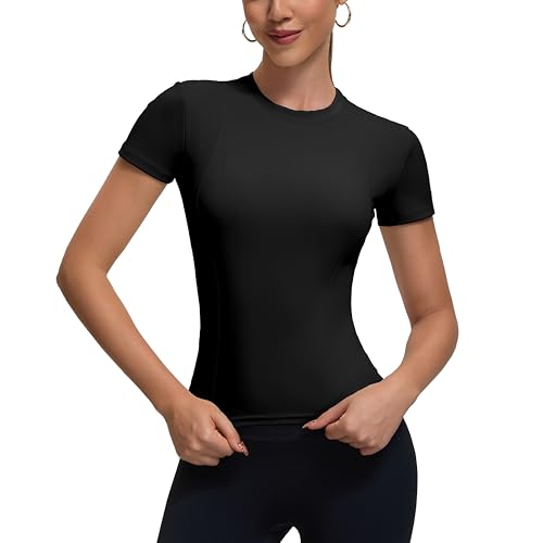 Camisetas femininas de compressão, atlética, modelagem seca, ioga, academia, básica, 0 - Preto, M