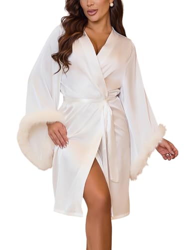 Luxury Bridal Bridesmaids Robe with Faux Fur Trim Satin Bell sleeves Wedding Dressing Gown (US, Alpha, Medium, Regular, Regular, White)