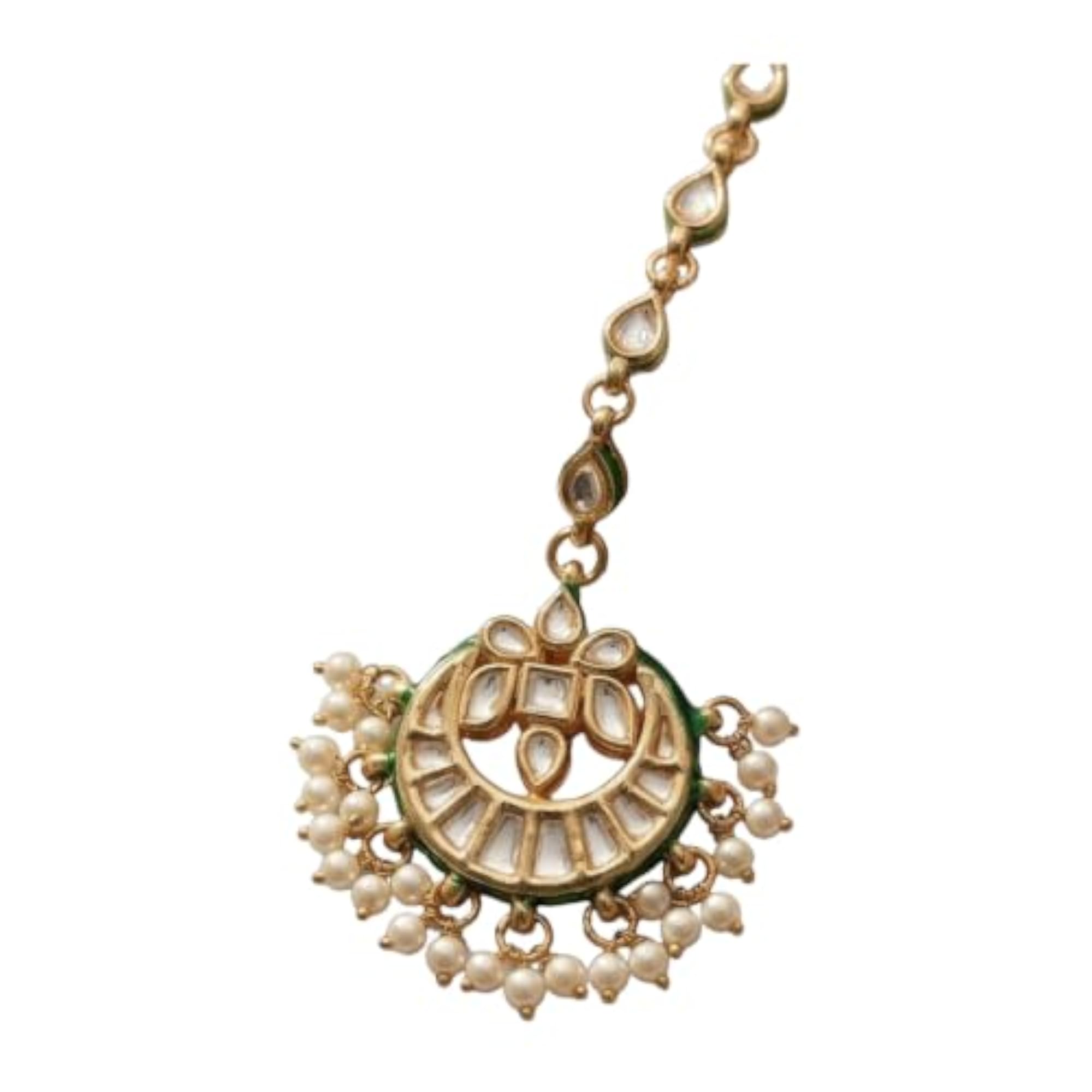 Kundan Pearl Maang Tikka with Green Meenakari Work