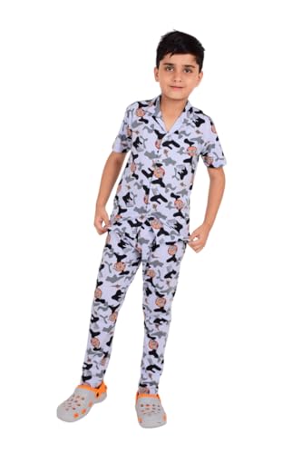 Image of 3BROS Unisex Pure Cotton Short Sleeve Kids Night Dress for Boys & Girls Nightwear /Sleepsuit /Sleepwear /Loungewear Night Suit for Boys and Girls Top and Pyjama Combo Set | JB20HS6031-Parent