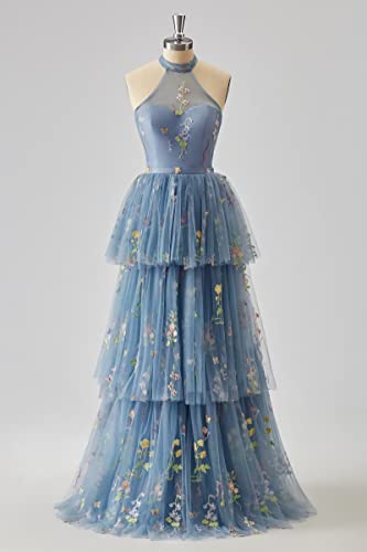 Cudiew Flower Embroidery Tulle Prom Dress for Women Halter Formal Floral Party Gowns Floor Length2