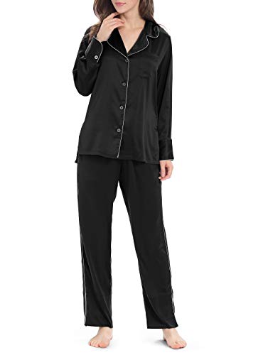 Womens Pajamas Set, Satin Pajamas Button-Down Long Sleeve Silk Pajama Sleepwear Loungwear Set (Black, M)