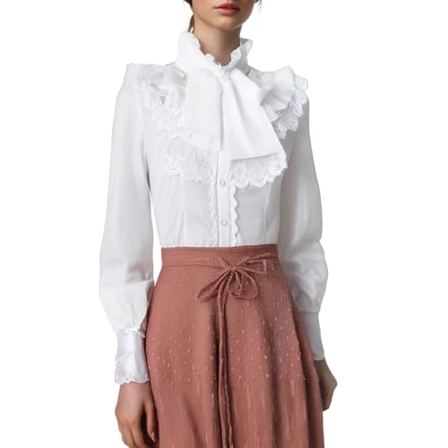 Blusa victoriana para mujer, estilo vintage, gótica, con lazo, encaje, manga larga, cuello alto, cuello alto, ropa de calle, botones y mangas largas, O blanco., S