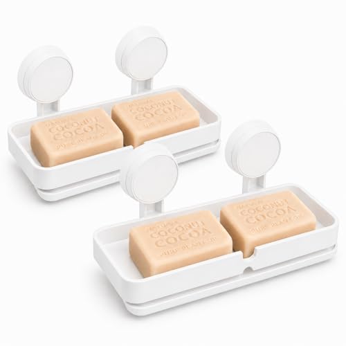 Image of 2 Pcs Twin Soap Dish Wall Mounted, BUYERZONE Double Layer Soap Holder for Bathroom, Self Adhesive Soap Stand with Drain Tray, Plastic Soap Case for Kitchen & Wash Basin Organizer (2, White)