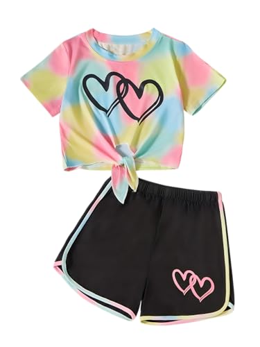 FJLSJSW Girls Clothes Summer Tie Knot Short Sleeves Top & Double Heart Print Shorts Fashion Cute Kids Two Piece Outfits Teen Girls' Clothing Sets Size 7-8 Years Pink