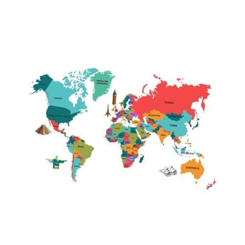WOONEKY Adesivo Murale Mappa Mondo Colorata in PVC Rimovibile Decorazione Parete per Soggiorno e Camera Geografica Artistica per Ufficio