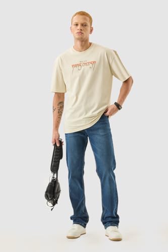 Image of SNITCH Men T-Shirt | Oversized Fit with Bold Dragon Graphic & Japanese Text | 100% Cotton Material, Crew Neck & Drop Shoulder Design | Casual & Streetwear Fashion