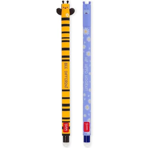 LEGAMI Set mit 2 radierbaren Gelstiften mit thermoempfindlicher Radiertinte verschiedene Tintenfarben und Schaftdesigns 0 7 mm Spitze Biene und Nilpferd