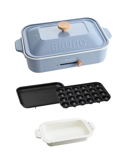 BRUNO ブルーノ コンパクトホットプレート 本体 プレート3種 (たこ焼き セラミックコート鍋 平面) ホーロー ブルー 青 水色 おしゃれ かわいい これ1台 一台 蓋 ふた付き 1200w 温度調節 洗いやすい 1人 2人 3人用 小型 ひとり暮らし にも A4 サイズ BOE021-HBL（Amazon）