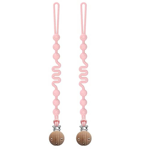 Image of Seposeve Silicone Pacifier Clip with Adjustable Spring, 2 Pack Pacifier Holder Clips for Baby Boys and Girls, Soft Flexible Pacifier Leashes with 3 Textures, One-Piece Design, 2 Pink