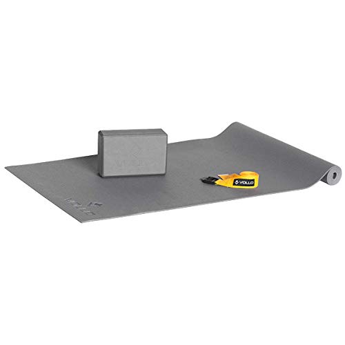 Vollo Sports Kit de Yoga com 1 Colchonete, 1 Bloco e 1 Fita, Cinza