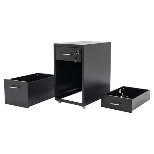 Kazafa Cajonera vertical con 3 cajones, armario de metal con cerradura y cuatro ruedas, estable debajo del escritorio para oficina en casa y estudio (negro) - imagen 7